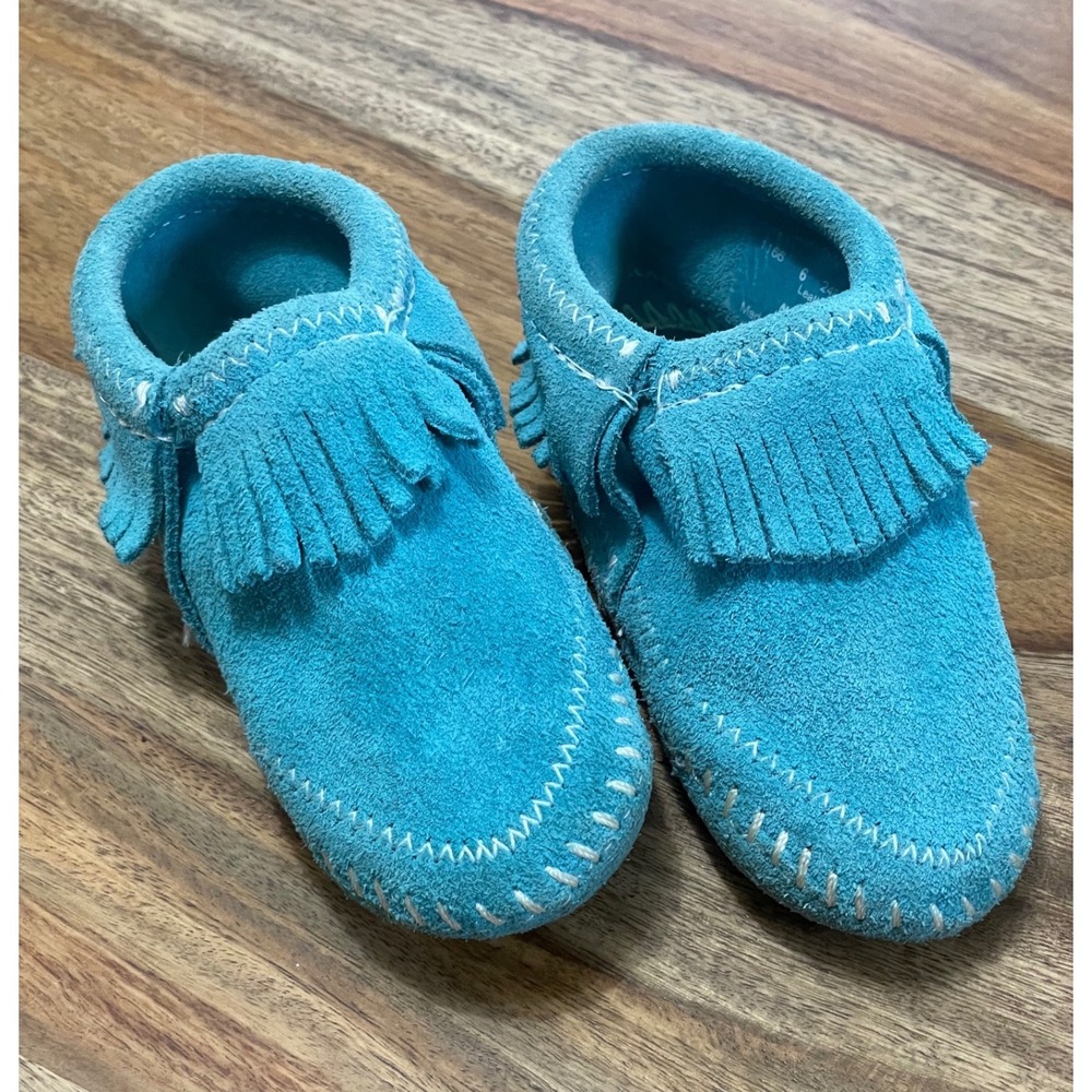 Minnetonka‎ Riley Moccasins Fringe Suede 6 Toddler Turquoise  1166